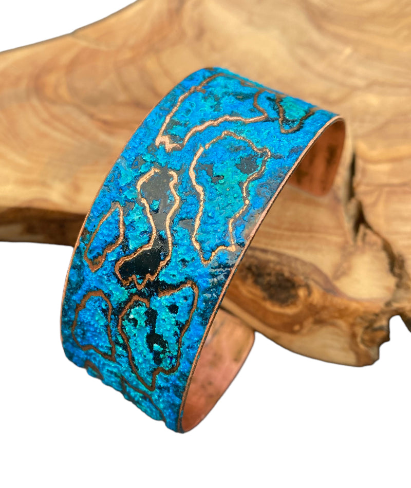 Wide Patina Copper Bracelet “World”