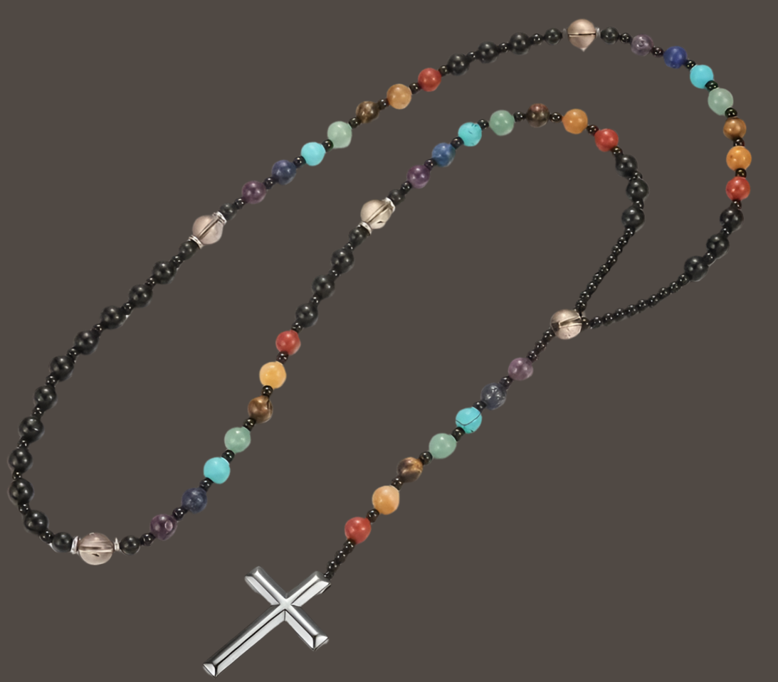 7 Chakra Natural Stone beaded Necklace with Cross
