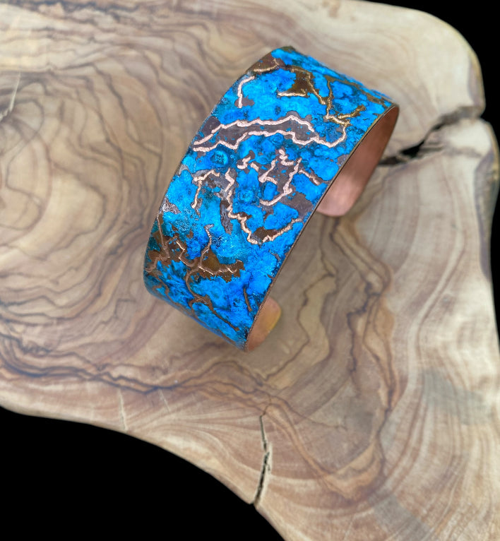 Wide Patina Copper Bracelet “World