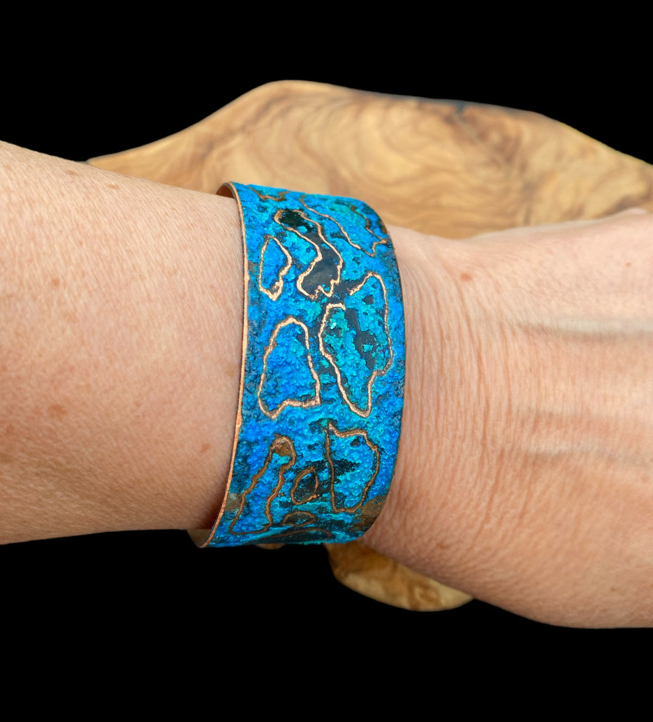 Wide Patina Copper Bracelet “World”