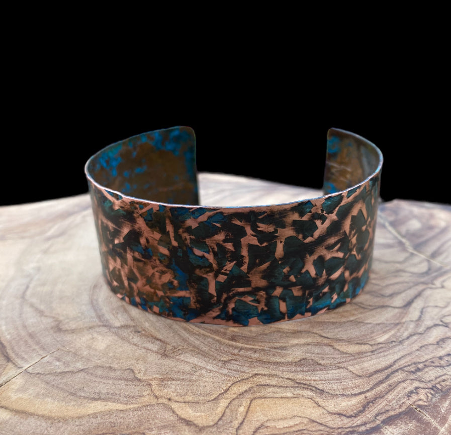 Wide Ridged Patina Copper Bracelet