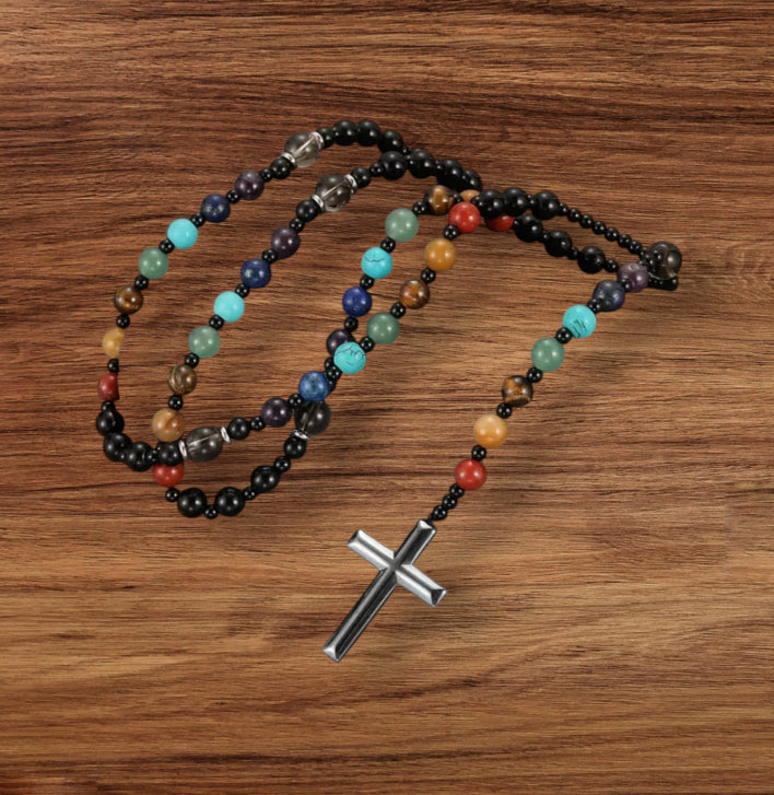 7 Chakra Natural Stone beaded Necklace with Cross