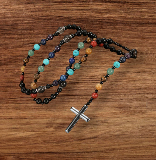 7 Chakra Natural Stone beaded Necklace with Cross