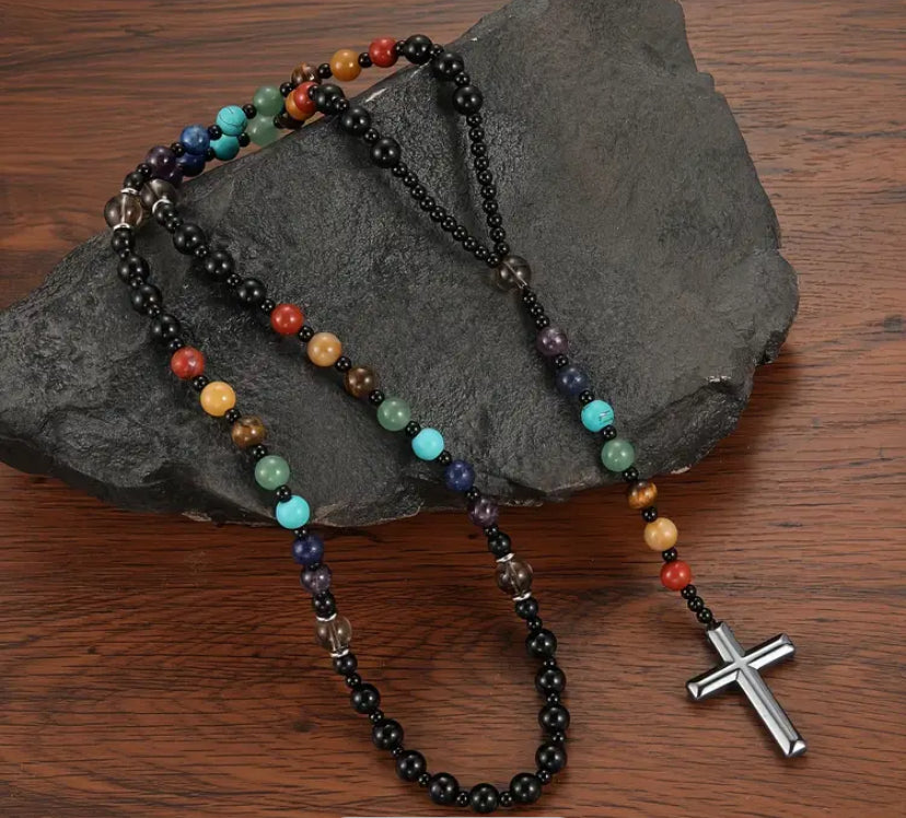 7 Chakra Natural Stone beaded Necklace with Cross