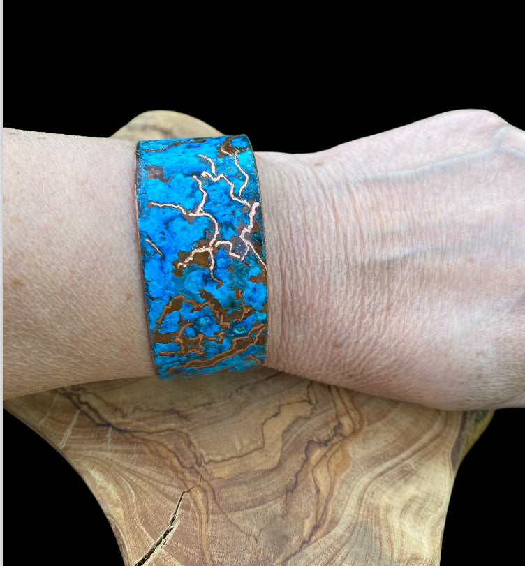 Wide Patina Copper Bracelet “World