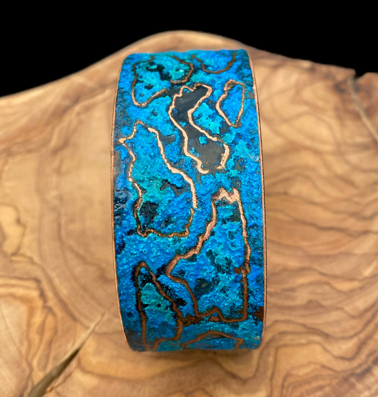 Wide Patina Copper Bracelet “World”