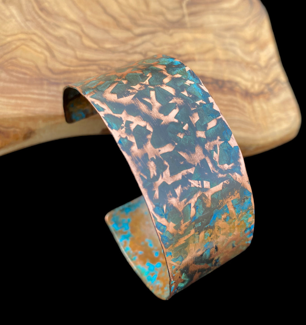 Wide Ridged Patina Copper Bracelet